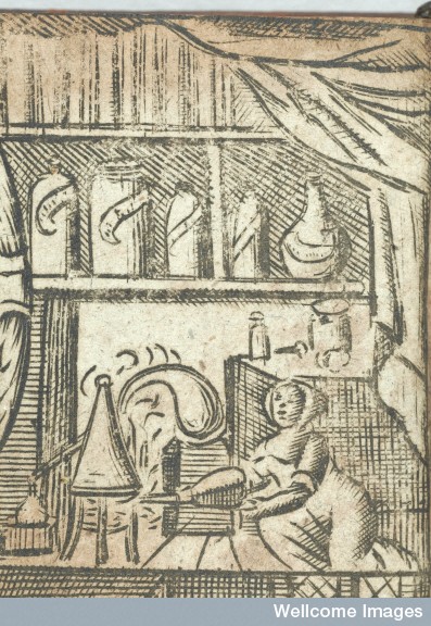 Woman distilling, frontispiece of "The Accomplished ladies rich closet of rarities," 1691, Credit: Wellcome Library, London. Wellcome Images images@wellcome.ac.uk http://wellcomeimages.org A woman hard at work distilling. Scene opposite title page of "The accomplished ladies rich closet of rarities..." 1691 The accomplished ladies rich closet of rarities: or, the ingenius gentlewoman and servant-maids delightful companion. Containing many excellent things for the accomplishment of the female sex ... (1.) The art of distilling. (2.) Making artificial wines. (3.) Making syrups. ... (8) To make beautifying-waters, oyls, pomatums musk-balls, perfumes, &c. (9) Physical and chyrurgical receipts. (10.) The duty of a wet nurse; and to know and cure diseases in children, &c. ... (14.) The accomplished dairy-maids directions, &c. (15.) The judicious midwives directions, how women in travail before and after delivery ought to be used; as also the child; and what relates to the preservation of them both. To which is added a second part, containing directions for the guidance of a young gentlewomen. As to her behavior & seemly deportment / J. S. Published: 1691. Copyrighted work available under Creative Commons Attribution only licence CC BY 4.0 http://creativecommons.org/licenses/by/4.0/